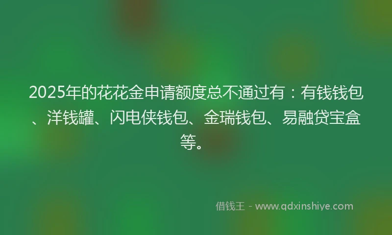 2025年的花花金申请额度总不通过有：有钱钱包、洋钱罐、闪电侠钱包、金瑞钱包、易融贷宝盒等。