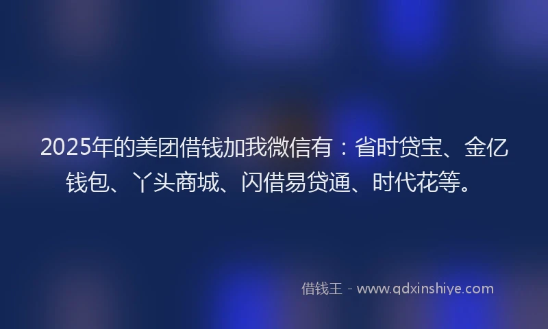 2025年的美团借钱加我微信有：省时贷宝、金亿钱包、丫头商城、闪借易贷通、时代花等。