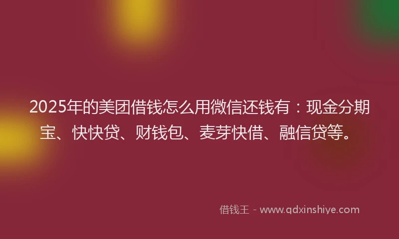 2025年的美团借钱怎么用微信还钱有：现金分期宝、快快贷、财钱包、麦芽快借、融信贷等。