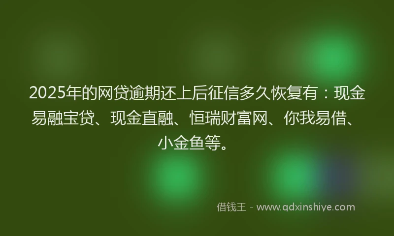2025年的网贷逾期还上后征信多久恢复有：现金易融宝贷、现金直融、恒瑞财富网、你我易借、小金鱼等。
