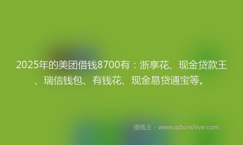 2025年的美团借钱8700有：浙享花、现金贷款王、瑞信钱包、有钱花、现金易贷通宝等。