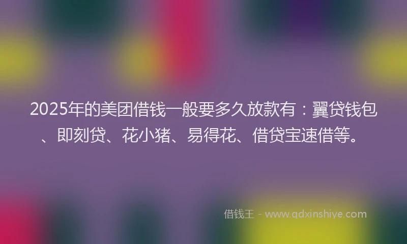 2025年的美团借钱一般要多久放款有：翼贷钱包、即刻贷、花小猪、易得花、借贷宝速借等。