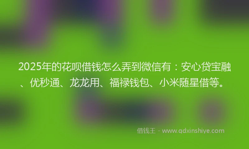 2025年的花呗借钱怎么弄到微信有：安心贷宝融、优秒通、龙龙用、福禄钱包、小米随星借等。
