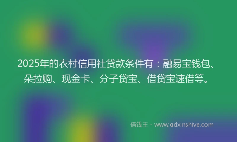 2025年的衣村信用社贷款条件有：融易宝钱包、朵拉购、现金卡、分子贷宝、借贷宝速借等。
