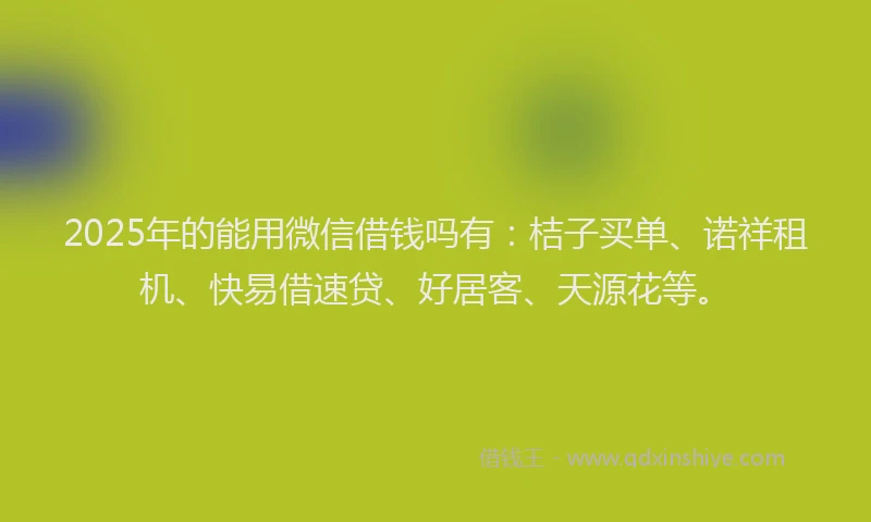 2025年的能用微信借钱吗有：桔子买单、诺祥租机、快易借速贷、好居客、天源花等。