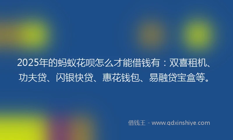 2025年的蚂蚁花呗怎么才能借钱有：双喜租机、功夫贷、闪银快贷、惠花钱包、易融贷宝盒等。
