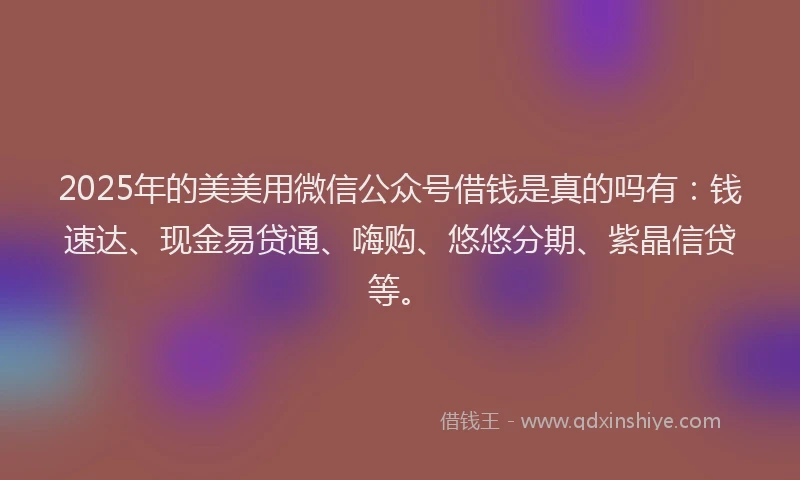 2025年的美美用微信公众号借钱是真的吗有：钱速达、现金易贷通、嗨购、悠悠分期、紫晶信贷等。