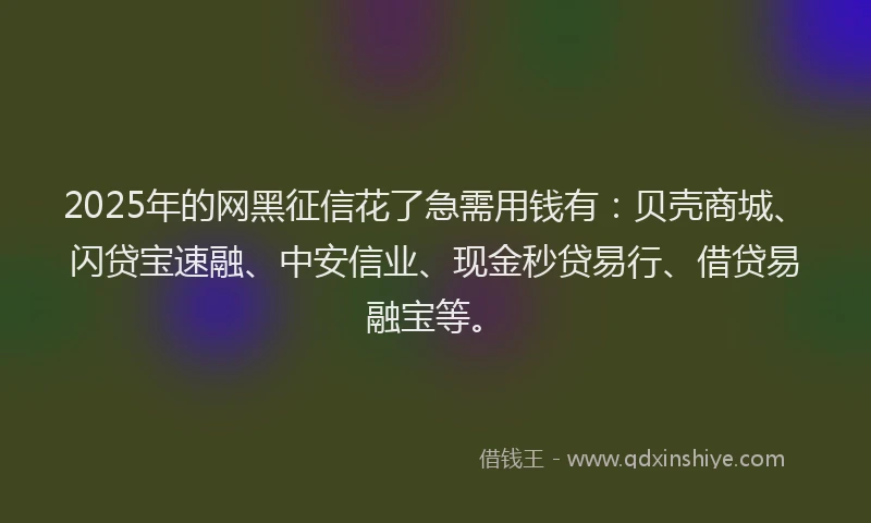 2025年的网黑征信花了急需用钱有：贝壳商城、闪贷宝速融、中安信业、现金秒贷易行、借贷易融宝等。