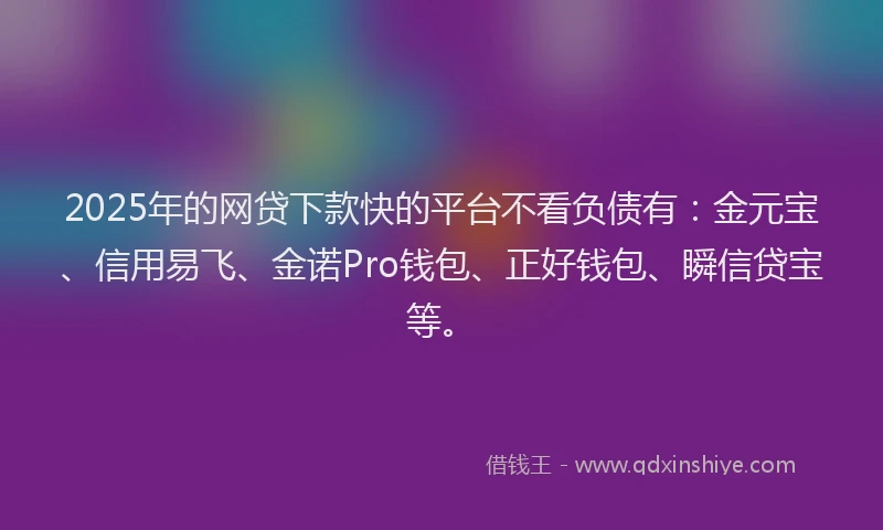 2025年的网贷下款快的平台不看负债有：金元宝、信用易飞、金诺Pro钱包、正好钱包、瞬信贷宝等。