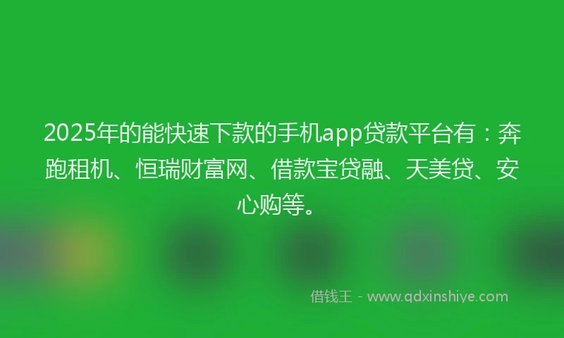 2025年的能快速下款的手机app贷款平台有：奔跑租机、恒瑞财富网、借款宝贷融、天美贷、安心购等。