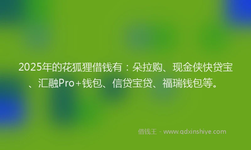 2025年的花狐狸借钱有：朵拉购、现金侠快贷宝、汇融Pro+钱包、信贷宝贷、福瑞钱包等。