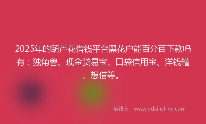 2025年的葫芦花借钱平台黑花户能百分百下款吗有：独角兽、现金贷易宝、口袋信用宝、洋钱罐、想借等。