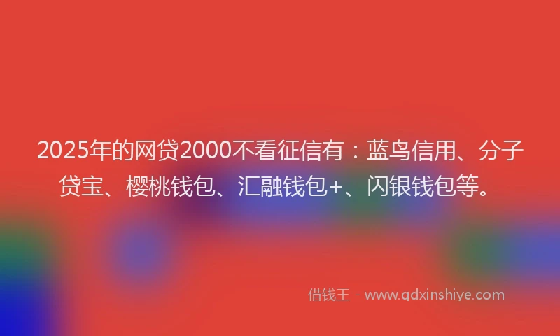 2025年的网贷2000不看征信有：蓝鸟信用、分子贷宝、樱桃钱包、汇融钱包+、闪银钱包等。