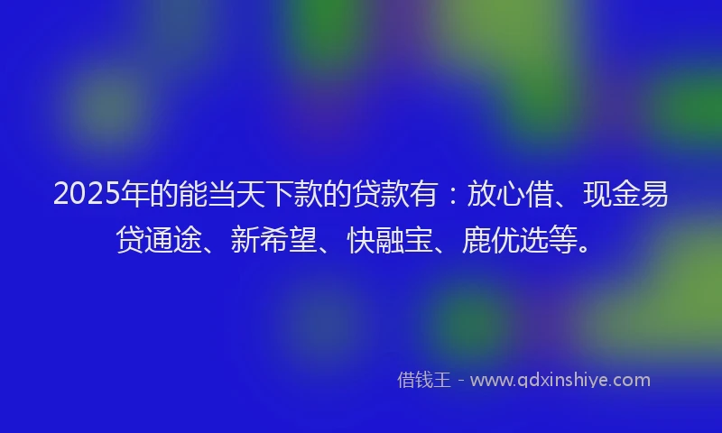 2025年的能当天下款的贷款有：放心借、现金易贷通途、新希望、快融宝、鹿优选等。