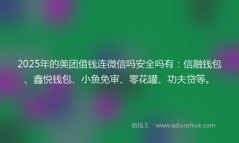 2025年的美团借钱连微信吗安全吗有：信融钱包、鑫悦钱包、小鱼免审、零花罐、功夫贷等。