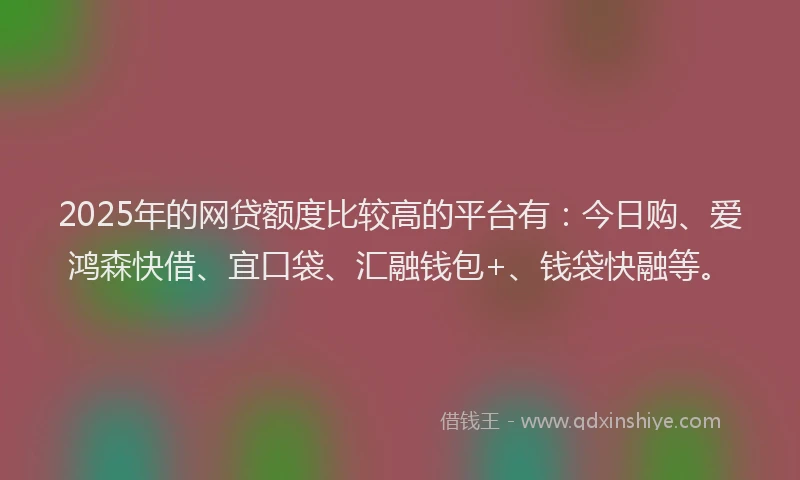 2025年的网贷额度比较高的平台有：今日购、爱鸿森快借、宜口袋、汇融钱包+、钱袋快融等。