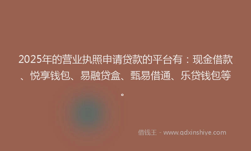 2025年的营业执照申请贷款的平台有：现金借款、悦享钱包、易融贷盒、甄易借通、乐贷钱包等。