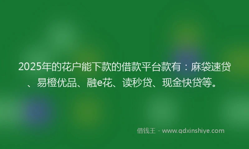2025年的花户能下款的借款平台款有：麻袋速贷、易橙优品、融e花、读秒贷、现金快贷等。