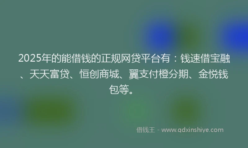 2025年的能借钱的正规网贷平台有：钱速借宝融、天天富贷、恒创商城、翼支付橙分期、金悦钱包等。