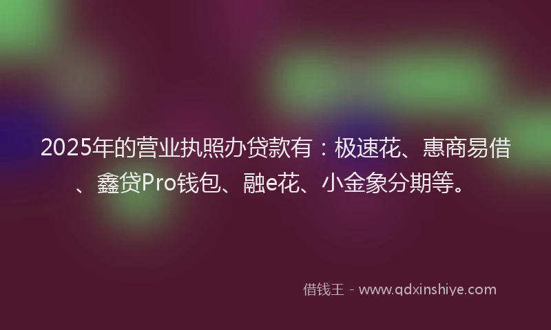 2025年的营业执照办贷款有：极速花、惠商易借、鑫贷Pro钱包、融e花、小金象分期等。