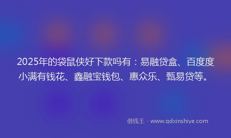 2025年的袋鼠侠好下款吗有：易融贷盒、百度度小满有钱花、鑫融宝钱包、惠众乐、甄易贷等。