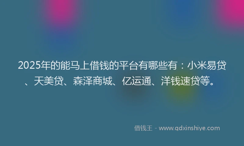 2025年的能马上借钱的平台有哪些有：小米易贷、天美贷、森泽商城、亿运通、洋钱速贷等。