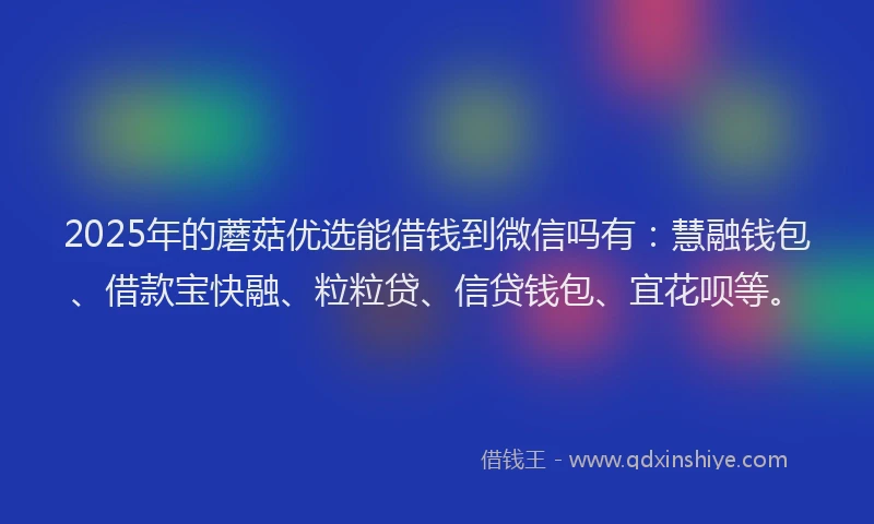 2025年的蘑菇优选能借钱到微信吗有：慧融钱包、借款宝快融、粒粒贷、信贷钱包、宜花呗等。