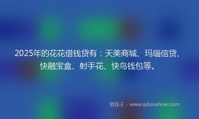 2025年的花花借钱贷有：天美商城、玛瑙信贷、快融宝盒、射手花、快鸟钱包等。