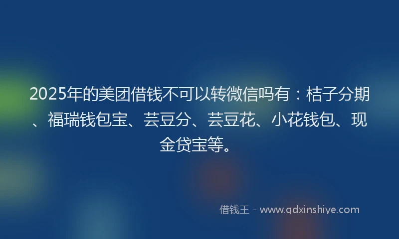 2025年的美团借钱不可以转微信吗有：桔子分期、福瑞钱包宝、芸豆分、芸豆花、小花钱包、现金贷宝等。