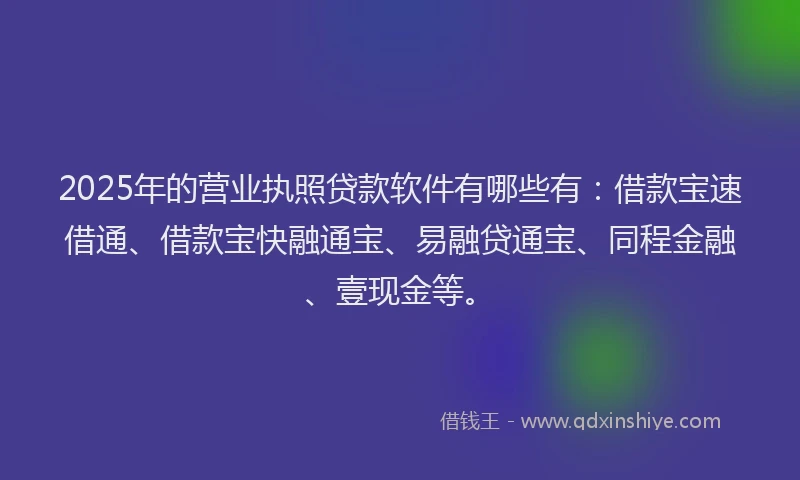 2025年的营业执照贷款软件有哪些有：借款宝速借通、借款宝快融通宝、易融贷通宝、同程金融、壹现金等。