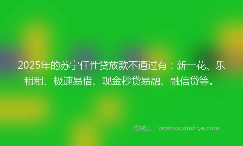 2025年的苏宁任性贷放款不通过有：新一花、乐租租、极速易借、现金秒贷易融、融信贷等。