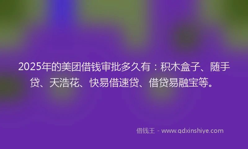2025年的美团借钱审批多久有：积木盒子、随手贷、天浩花、快易借速贷、借贷易融宝等。