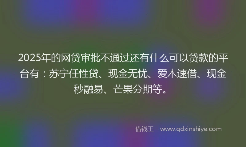 2025年的网贷审批不通过还有什么可以贷款的平台有：苏宁任性贷、现金无忧、爱木速借、现金秒融易、芒果分期等。