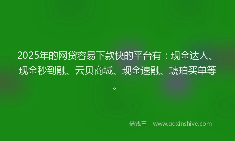 2025年的网贷容易下款快的平台有：现金达人、现金秒到融、云贝商城、现金速融、琥珀买单等。