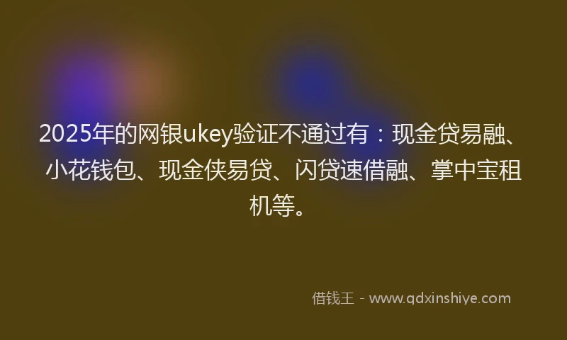 2025年的网银ukey验证不通过有：现金贷易融、小花钱包、现金侠易贷、闪贷速借融、掌中宝租机等。