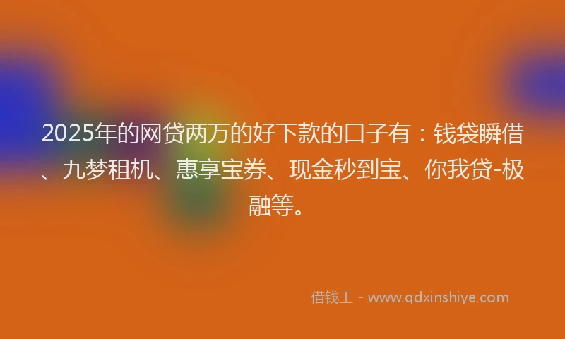 2025年的网贷两万的好下款的口子有：钱袋瞬借、九梦租机、惠享宝券、现金秒到宝、你我贷-极融等。