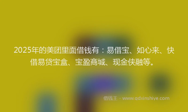 2025年的美团里面借钱有：易借宝、如心来、快借易贷宝盒、宝盈商城、现金侠融等。