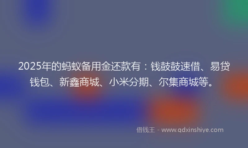 2025年的蚂蚁备用金还款有：钱鼓鼓速借、易贷钱包、新鑫商城、小米分期、尔集商城等。