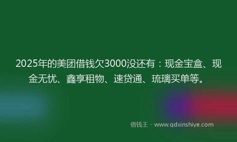 2025年的美团借钱欠3000没还有：现金宝盒、现金无忧、鑫享租物、速贷通、琉璃买单等。