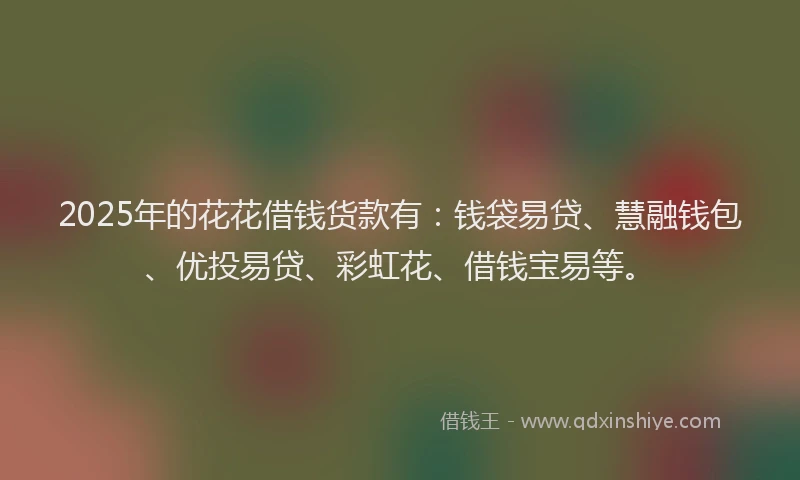 2025年的花花借钱货款有：钱袋易贷、慧融钱包、优投易贷、彩虹花、借钱宝易等。