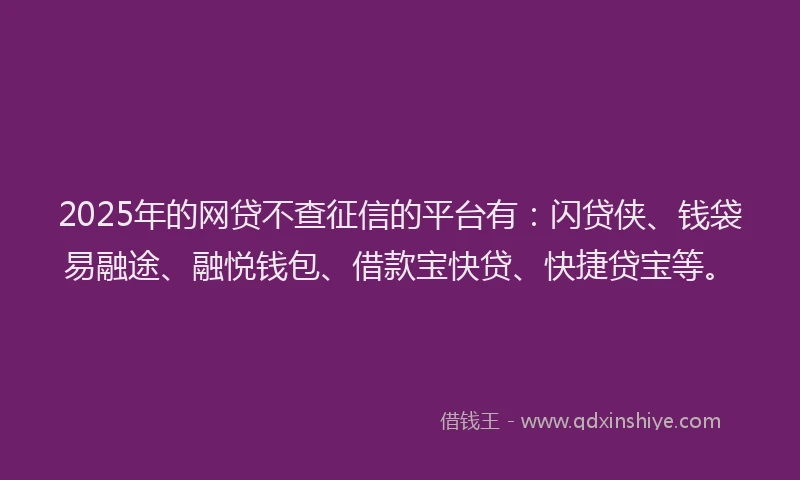 2025年的网贷不查征信的平台有：闪贷侠、钱袋易融途、融悦钱包、借款宝快贷、快捷贷宝等。