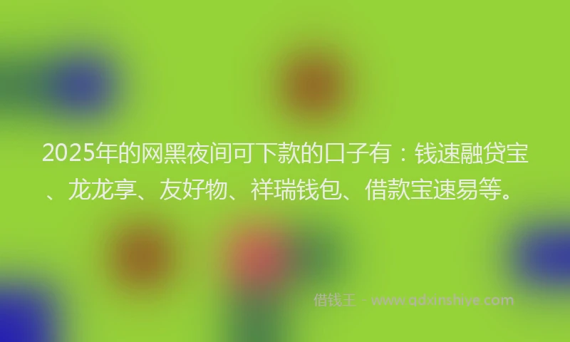 2025年的网黑夜间可下款的口子有：钱速融贷宝、龙龙享、友好物、祥瑞钱包、借款宝速易等。