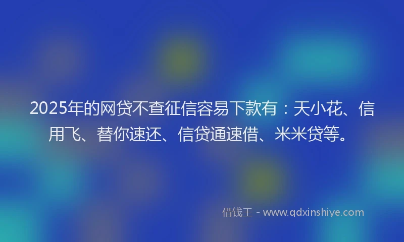 2025年的网贷不查征信容易下款有：天小花、信用飞、替你速还、信贷通速借、米米贷等。