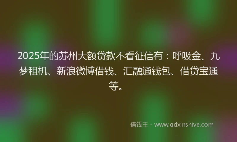 2025年的苏州大额贷款不看征信有：呼吸金、九梦租机、新浪微博借钱、汇融通钱包、借贷宝通等。