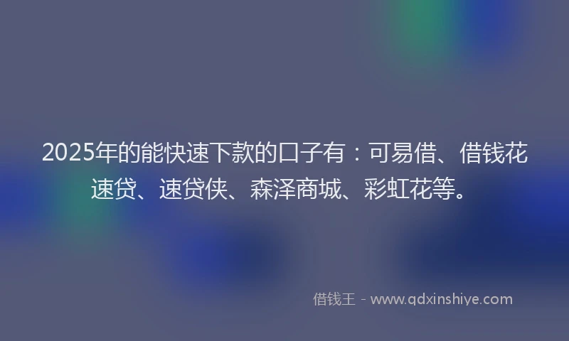 2025年的能快速下款的口子有：可易借、借钱花速贷、速贷侠、森泽商城、彩虹花等。