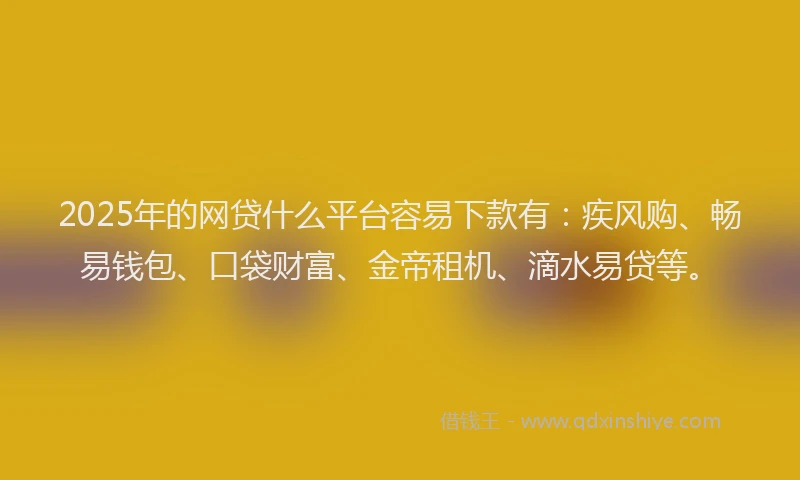 2025年的网贷什么平台容易下款有：疾风购、畅易钱包、口袋财富、金帝租机、滴水易贷等。