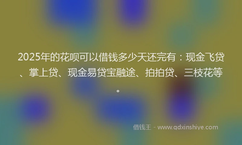 2025年的花呗可以借钱多少天还完有：现金飞贷、掌上贷、现金易贷宝融途、拍拍贷、三枝花等。