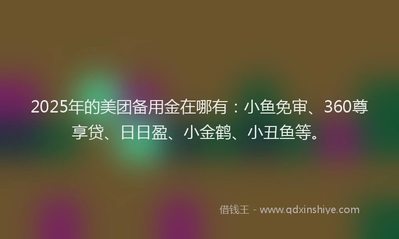 2025年的美团备用金在哪有：小鱼免审、360尊享贷、日日盈、小金鹤、小丑鱼等。