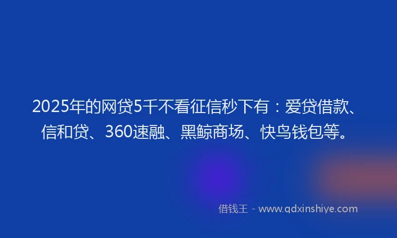 2025年的网贷5千不看征信秒下有：爱贷借款、信和贷、360速融、黑鲸商场、快鸟钱包等。