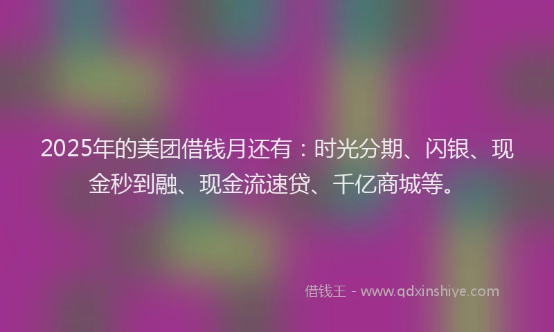 2025年的美团借钱月还有：时光分期、闪银、现金秒到融、现金流速贷、千亿商城等。